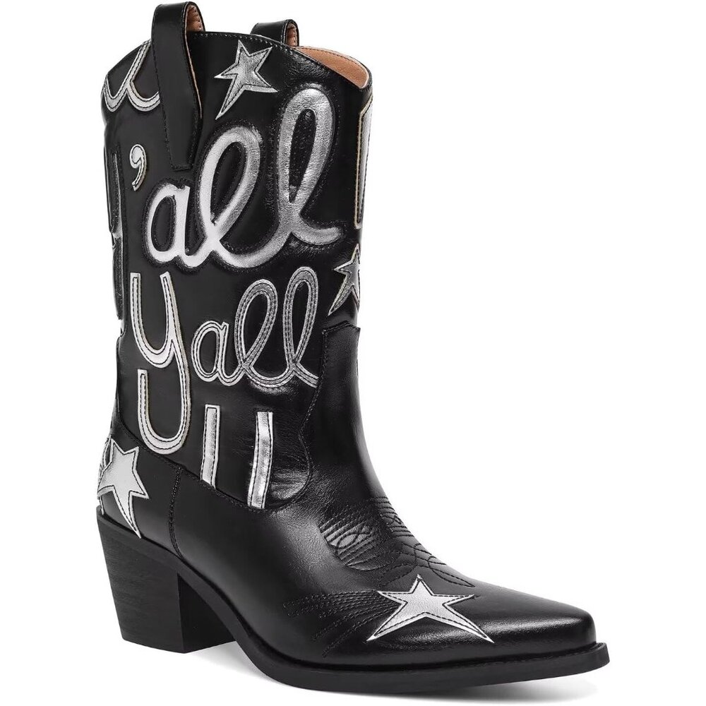 ⚡Women's Black Embroidery Western Cowgirl Boots Mid Calf Low Heel Pointed Toe
